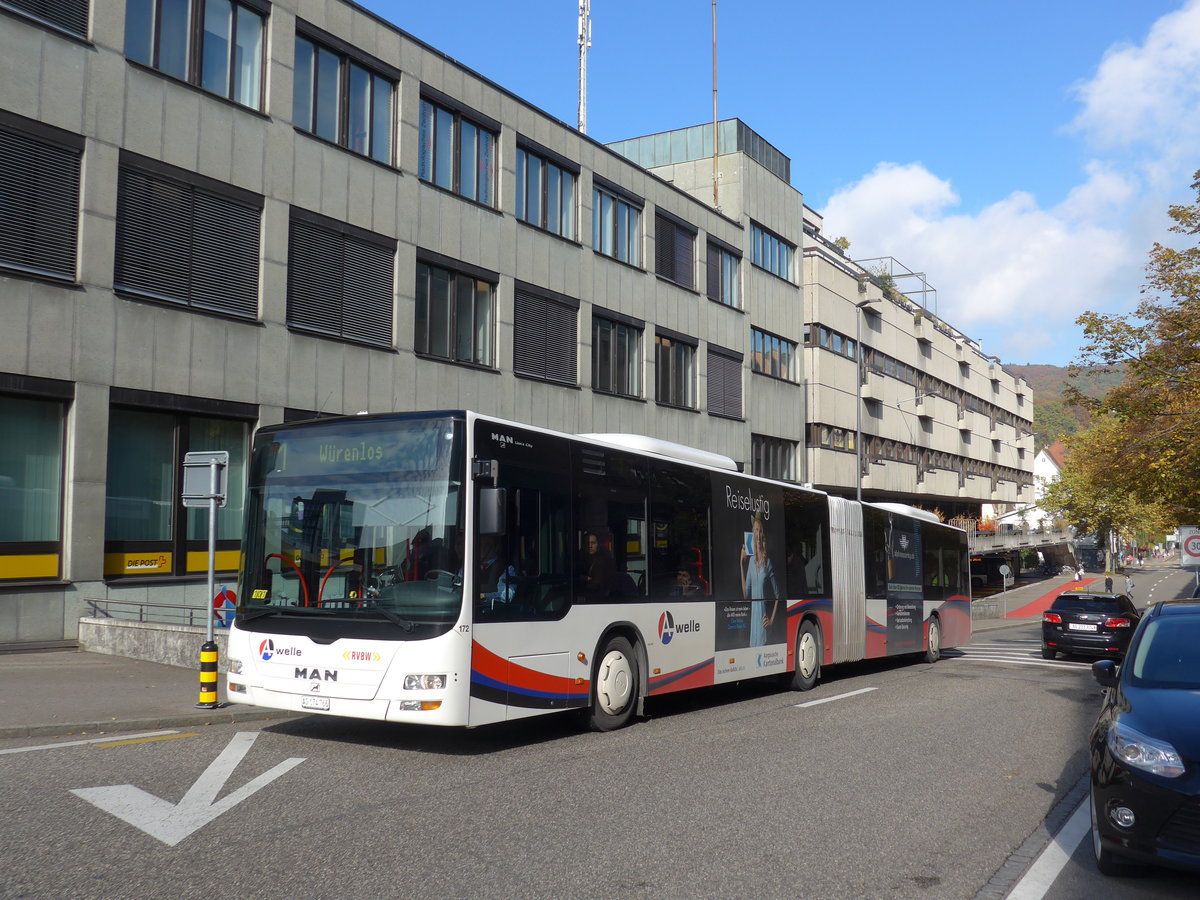 (176'248) - RVBW Wettingen - Nr. 172/AG 174'766 - MAN (ex SBC Chur Nr. 98) am 22. Oktober 2016 beim Bahnhof Baden