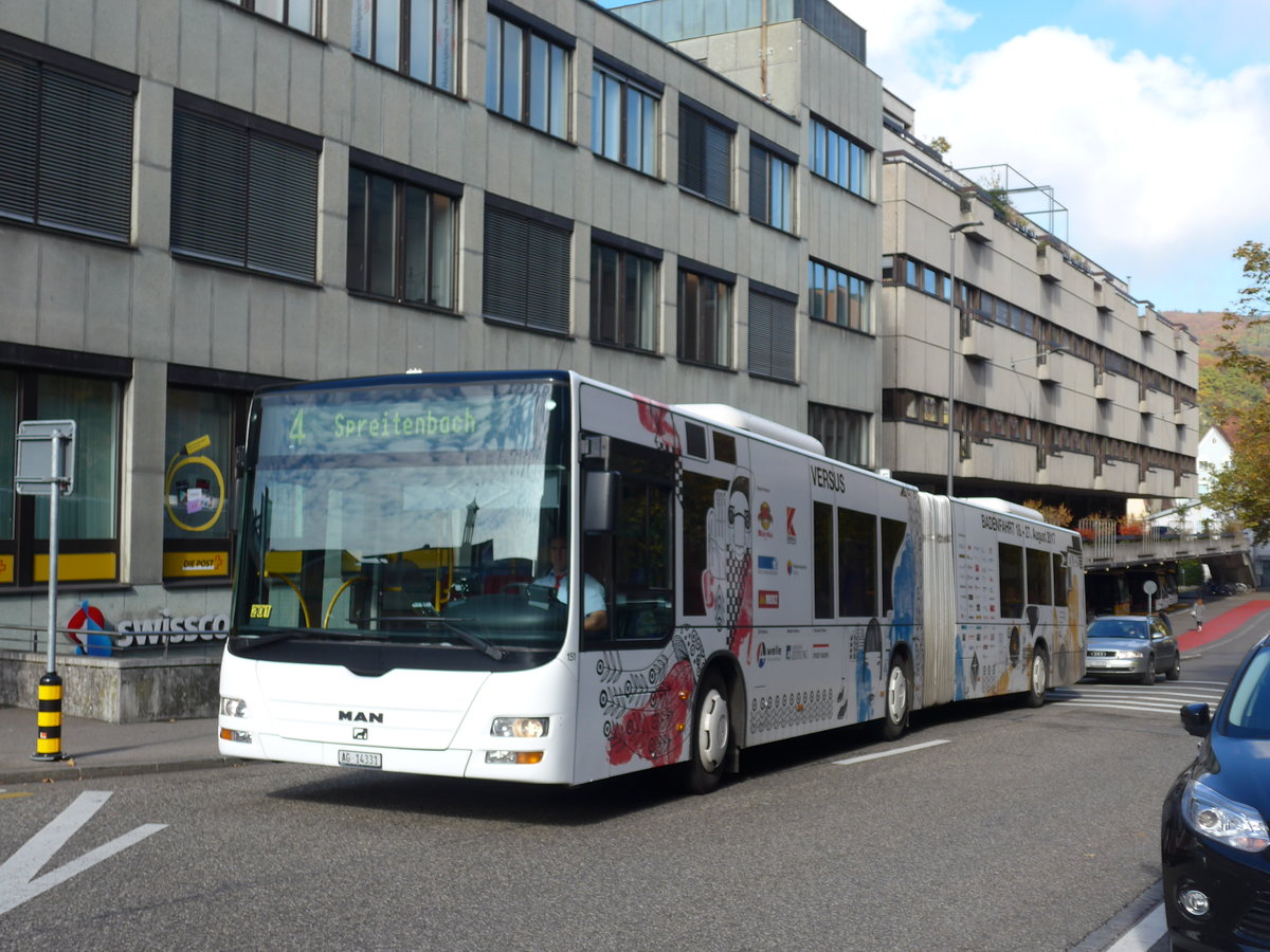 (176'251) - RVBW Wettingen - Nr. 151/AG 14'331 - MAN am 22. Oktober 2016 beim Bahnhof Baden