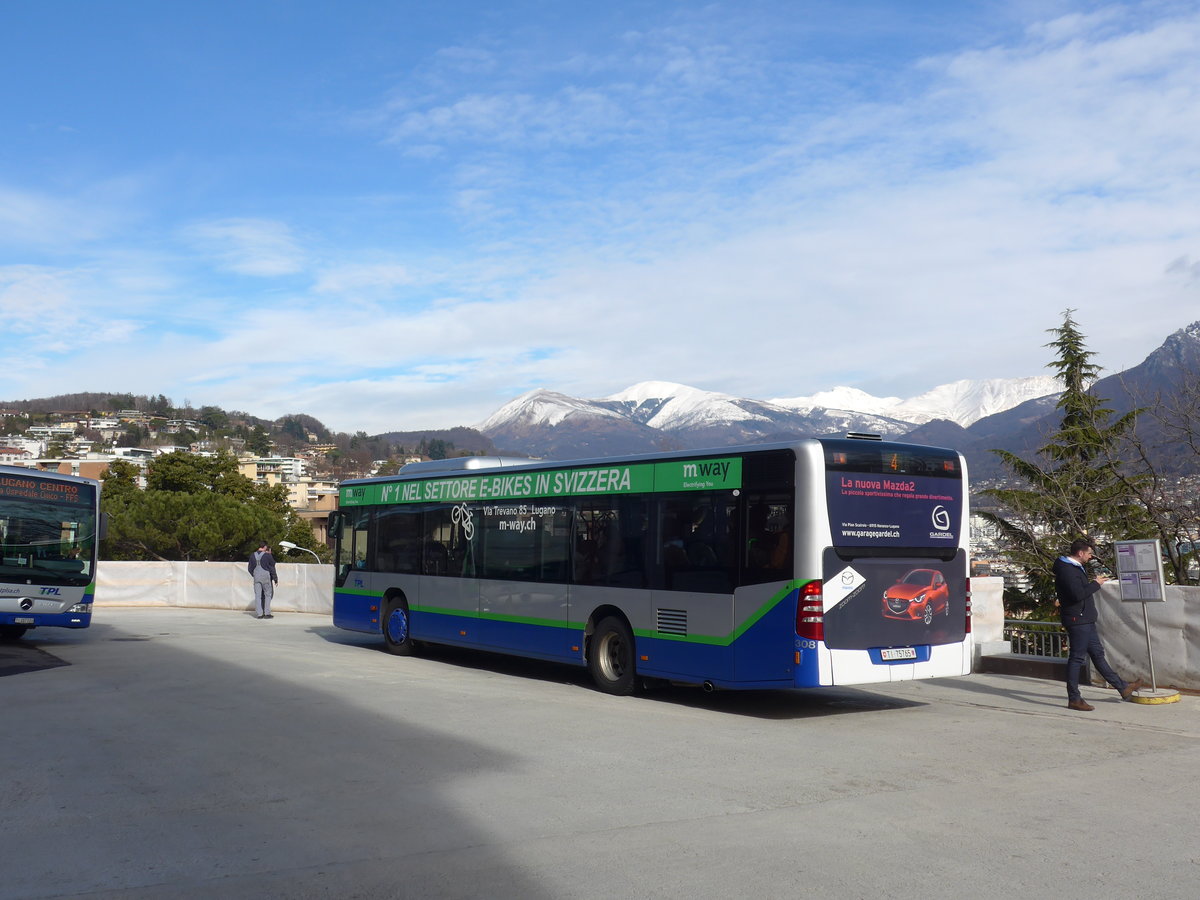 (178'349) - TPL Lugano - Nr. 308/TI 75'765 - Mercedes am 7. Februar 2017 beim Bahnhof Lugano