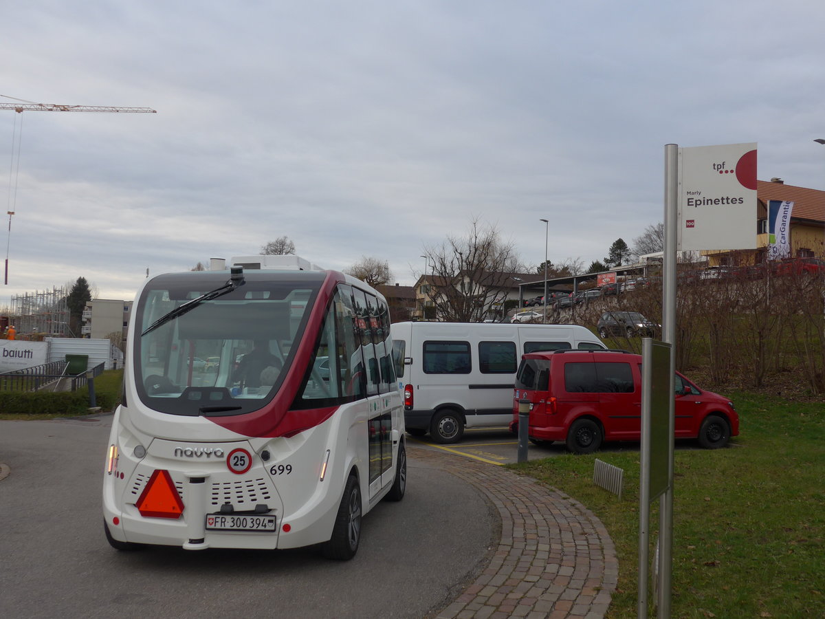 (186'701) - TPF Fribourg - Nr. 699/FR 300'394 - Navya am 27. November 2017 in Marly, Epinettes