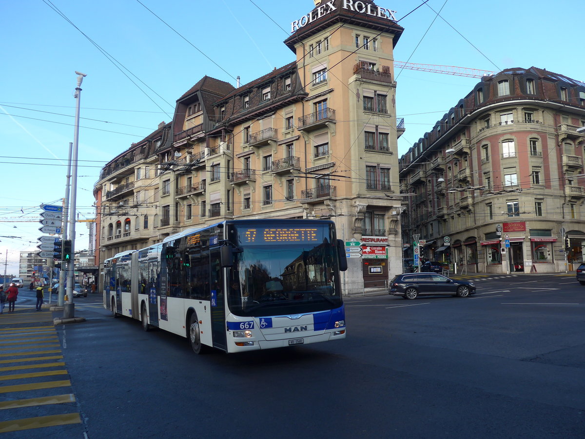 (187'185) - TL Lausanne - Nr. 667/VD 1568 - MAN am 23. Dezember 2017 in Lausanne, Chauderon