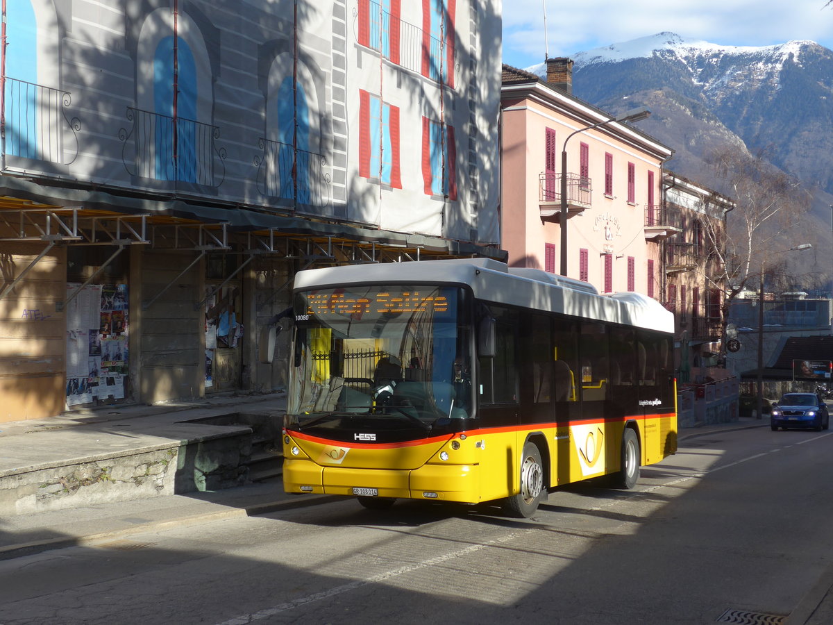 (188'556) - TpM, Mesocco - Nr. 14/GR 108'014 - Scania/Hess am 14. Februar 2018 beim Bahnhof Bellinzona