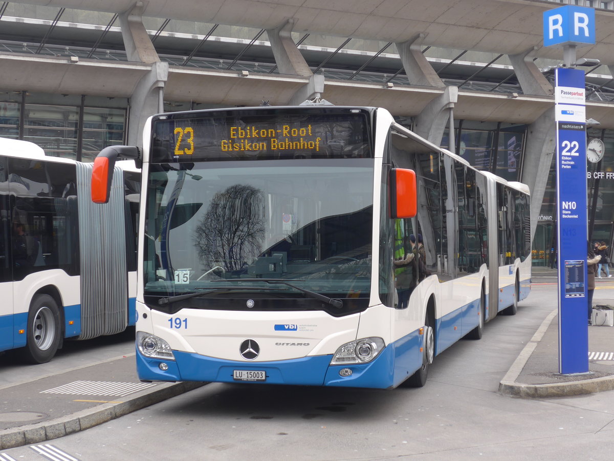 (189'322) - VBL Luzern - Nr. 191/LU 15'003 - Mercedes am 17. Mrz 2018 beim Bahnhof Luzern