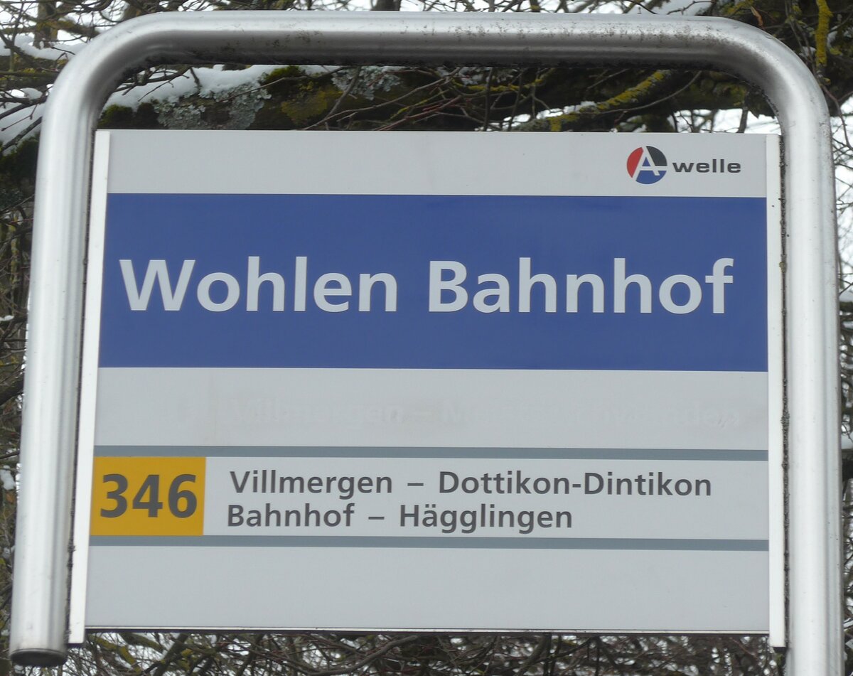 (189'494) - A-welle/PostAuto-Haltestellenschild - Wohlen, Bahnhof - am 19. Mrz 2018