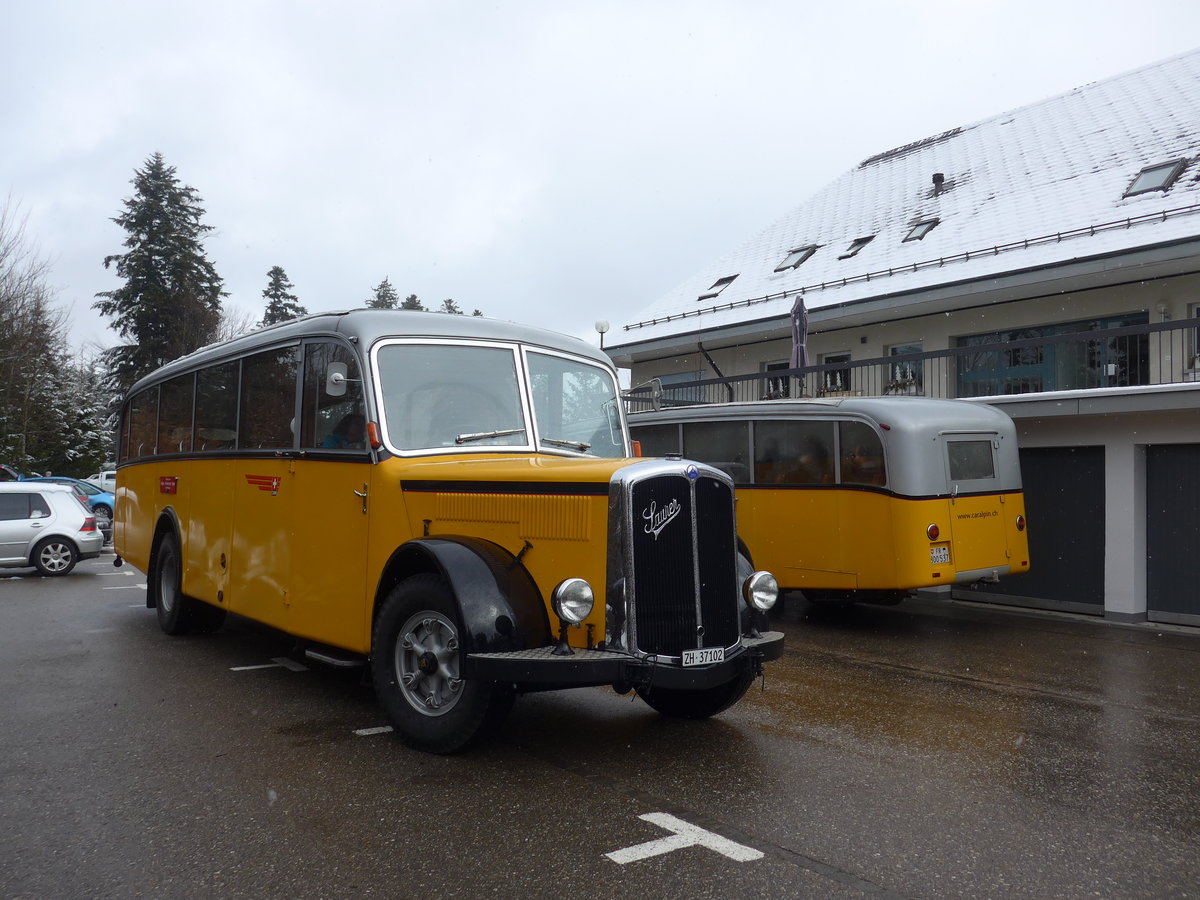 (189'813) - Wolleb, Embrach - ZH 37'102 - Saurer/R&J (ex Capaul, Feldmeilen; ex M+79'518; ex P 23'067) am 1. April 2018 in Emmenmatt, Moosegg