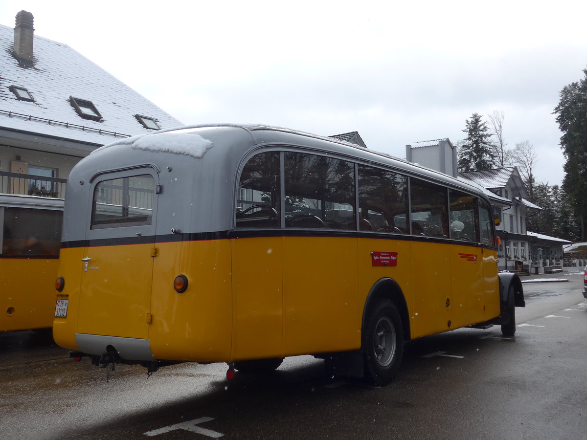 (189'815) - Wolleb, Embrach - ZH 37'102 - Saurer/R&J (ex Capaul, Feldmeilen; ex M+79'518; ex P 23'067) am 1. April 2018 in Emmenmatt, Moosegg