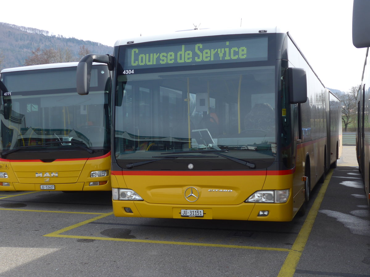 (189'883) - CarPostal Ouest - JU 31'151 - Mercedes (ex Nr. 34) am 2. April 2018 in Develier, Parkplatz