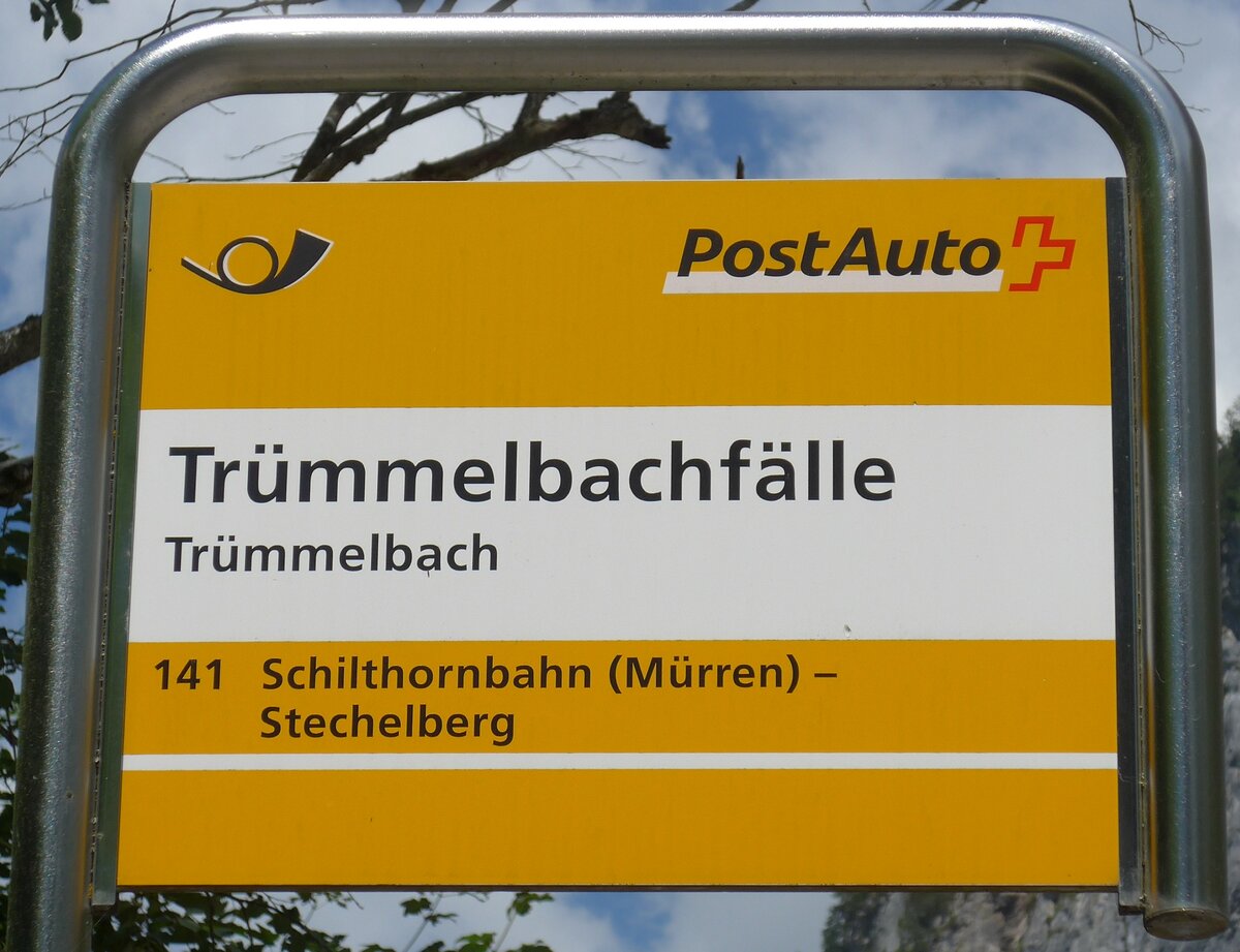 (194'437) - PostAuto-Haltestellenschild - Trmmelbach, Trmmelbachflle - am 25. Juni 2018