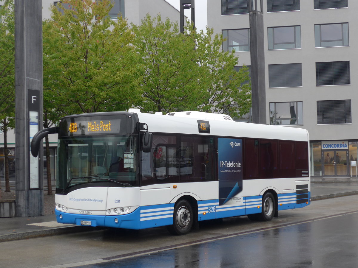 (196'337) - BSW Sargans - Nr. 328/SG 297'512 - Solaris am 1. September 2018 beim Bahnhof Sargans