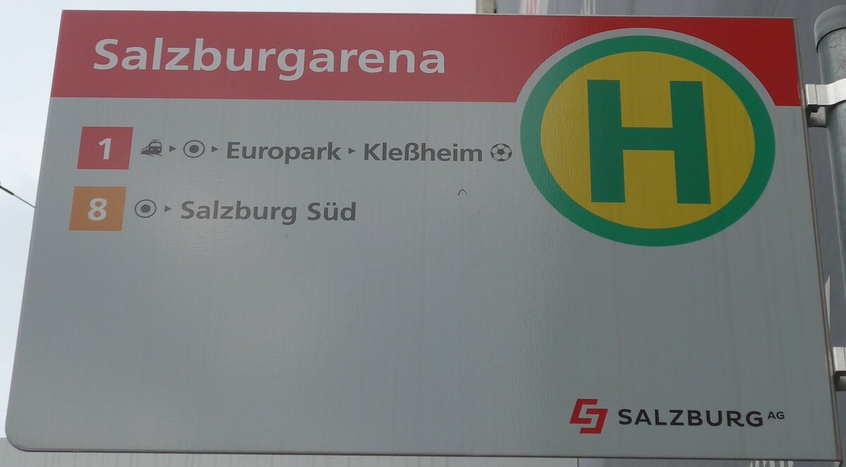 (197'559) - SALZBURG AG-Haltestellenschild - Salzburg, Salzburgarena - am 14. September 2018