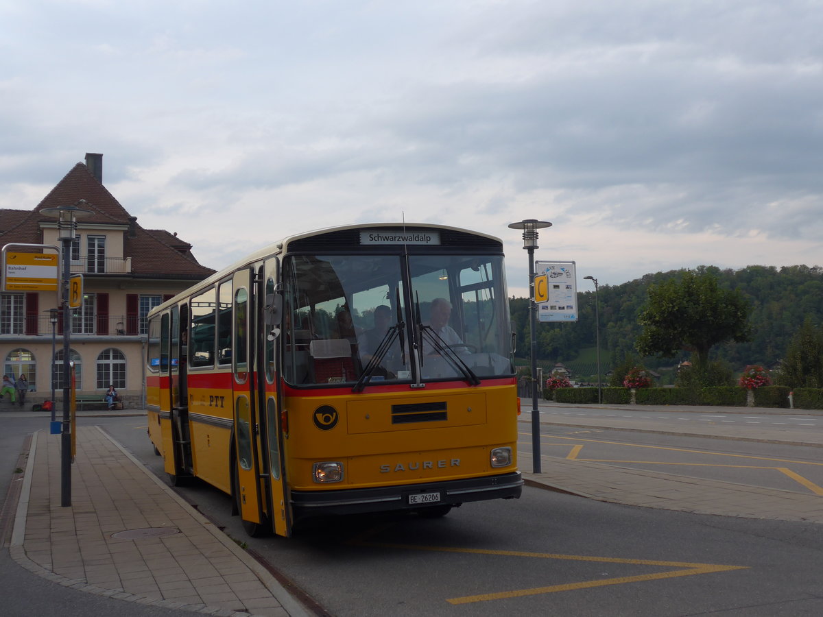 (197'883) - Schmid, Thrishaus - BE 26'206 - Saurer/Tscher (ex P 24'244) am 16. September 2018 beim Bahnhof Spiez