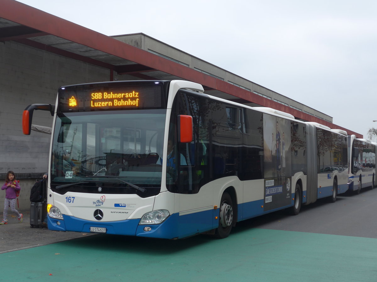 (199'388) - VBL Luzern - Nr. 167/LU 174'637 - Mercedes am 18. November 2018 beim Bahnhof Ebikon