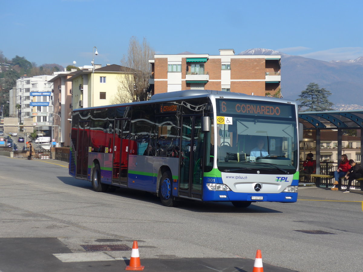 (199'753) - TPL Lugano - Nr. 301/TI 207'001 - Mercedes am 7. Dezember 2018 beim Bahnhof Lugano