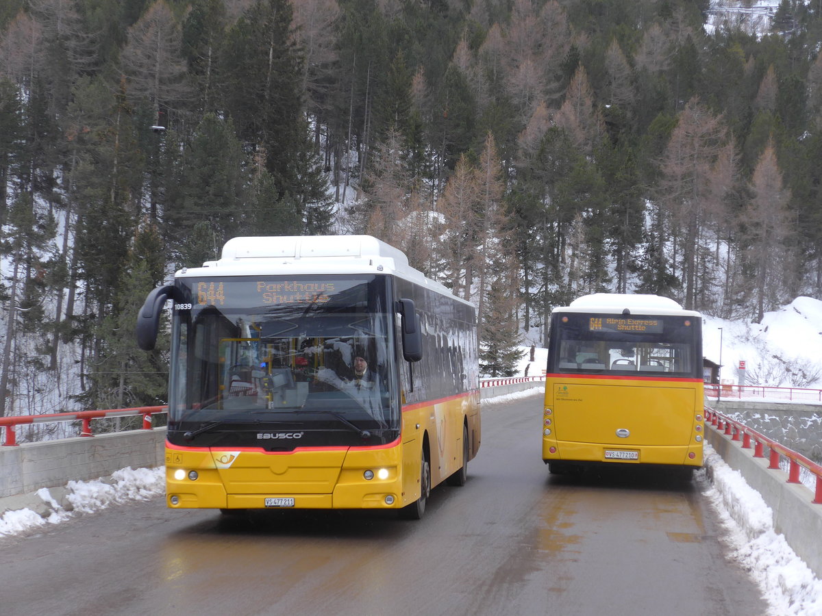 (201'354) - PostAuto Wallis - VS 477'211 + VS 477'210 - Ebusco am 27. Januar 2019 in Saas-Fee, Panoramabrcke