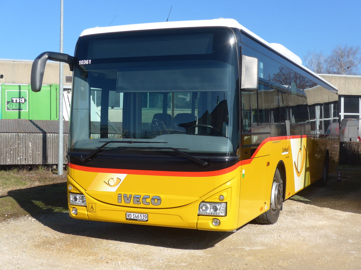 (201'610) - CarPostal Ouest - VD 146'539 - Iveco am 16. Februar 2019 in Yverdon, Garage