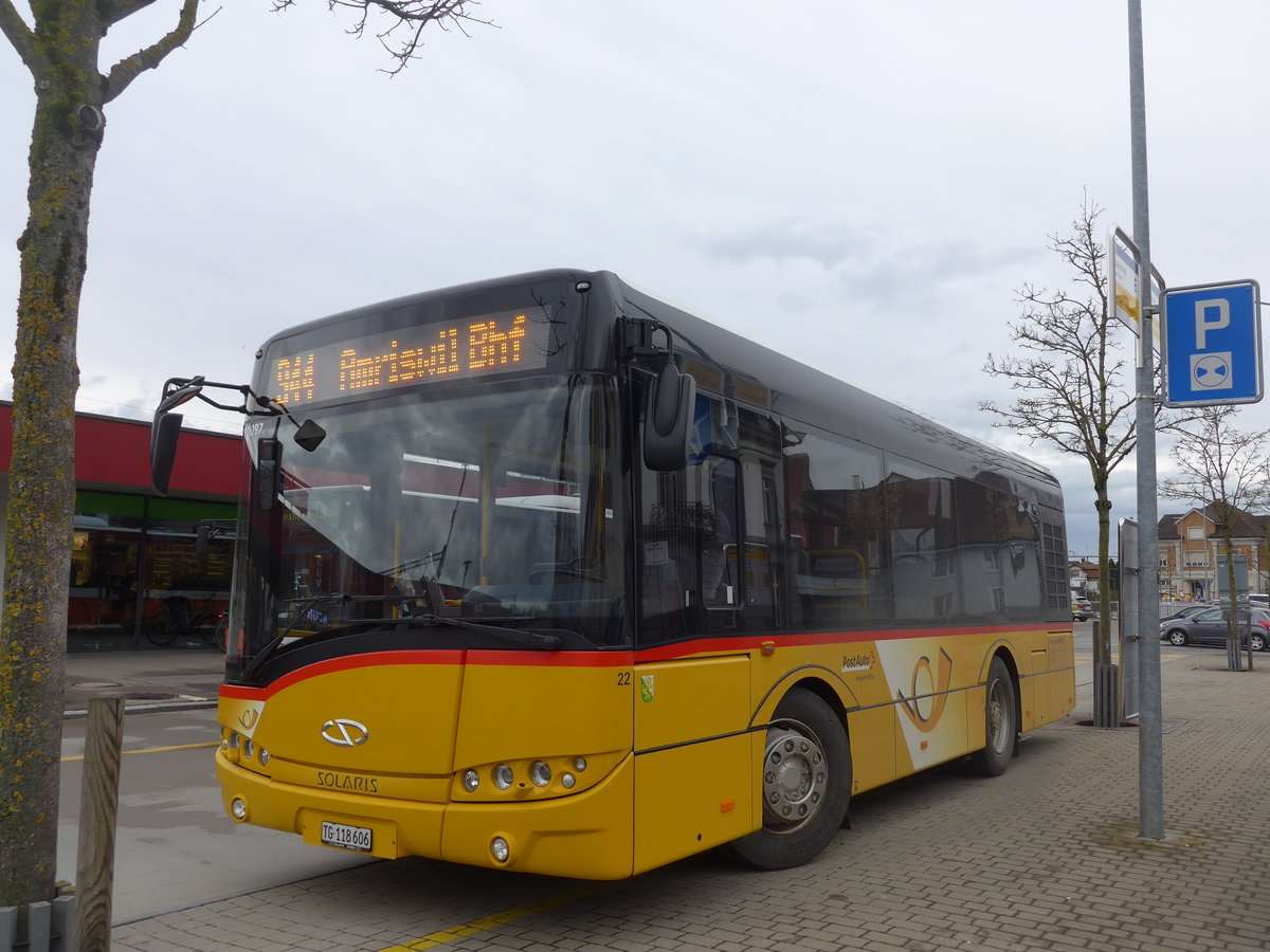 (201'984) - AOT Amriswil - Nr. 22/TG 118'606 - Solaris am 4. Mrz 2019 beim Bahnhof Amriswil