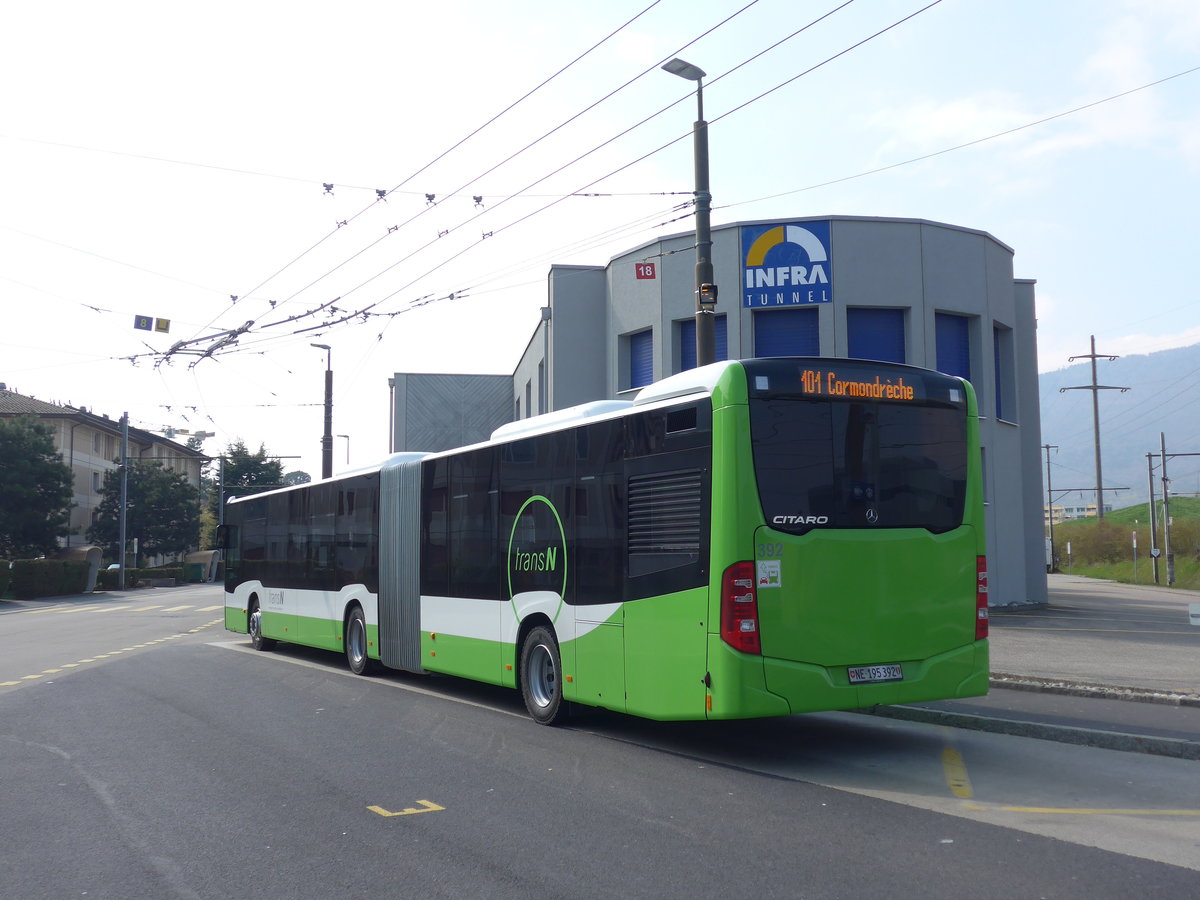 (203'634) - transN, La Chaux-de-Fonds - Nr. 392/NE 195'392 - Mercedes am 13. April 2019 beim Bahnhof Marin-pagnier