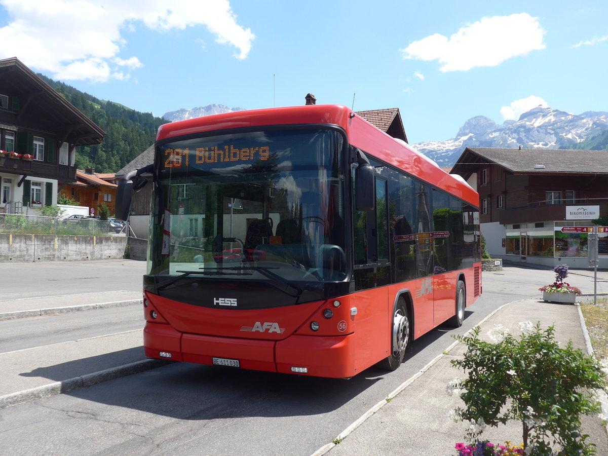 (206'927) - AFA Adelboden - Nr. 56/BE 611'030 - Scania/Hess am 1. Juli 2019 beim Bahnhof Lenk