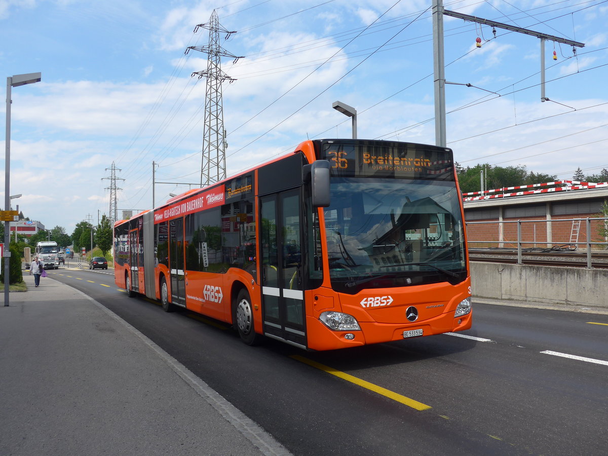 (207'606) - RBS Worblaufen - Nr. 34/BE 533'534 - Mercedes am 8. Juli 2019 beim Bahnhof Zollikofen