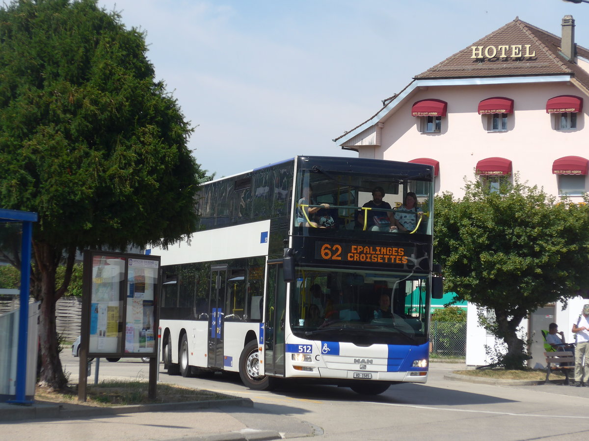 (208'124) - TL Lausanne - Nr. 512/VD 1585 - MAN am 22. Juli 2019 beim Bahnhof Moudon