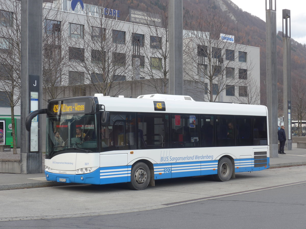 (212'645) - BSW Sargans - Nr. 327/SG 297'511 - Solaris am 7. Dezember 2019 beim Bahnhof Sargans