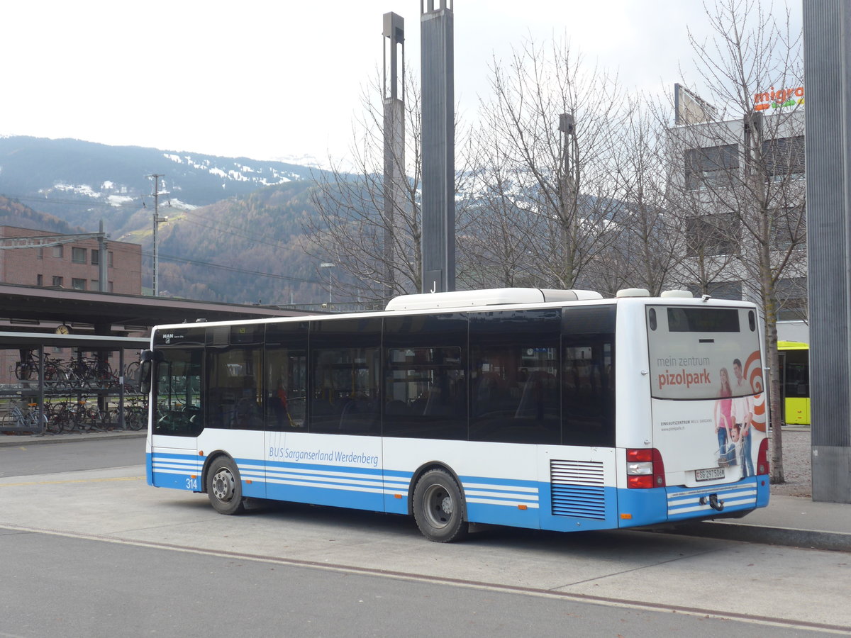 (212'657) - BSW Sargans - Nr. 314/SG 297'506 - MAN/Gppel am 7. Dezember 2019 beim Bahnhof Sargans