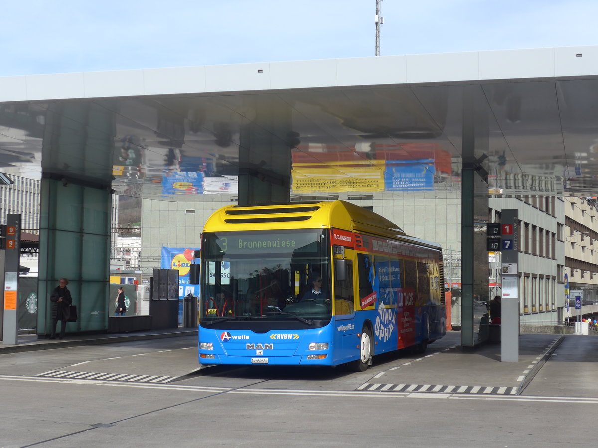 (214'624) - RVBW Wettingen - Nr. 30/AG 445'445 - MAN am 20. Februar 2020 beim Bahnhof Baden