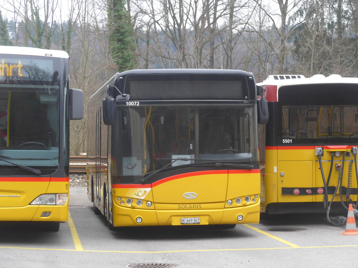 (215'374) - PostAuto Bern - Nr. 14/BE 669'367 - Solaris (ex Klopfstein, Laupen Nr. 14) am 22. Mrz 2020 in Laupen, Garage