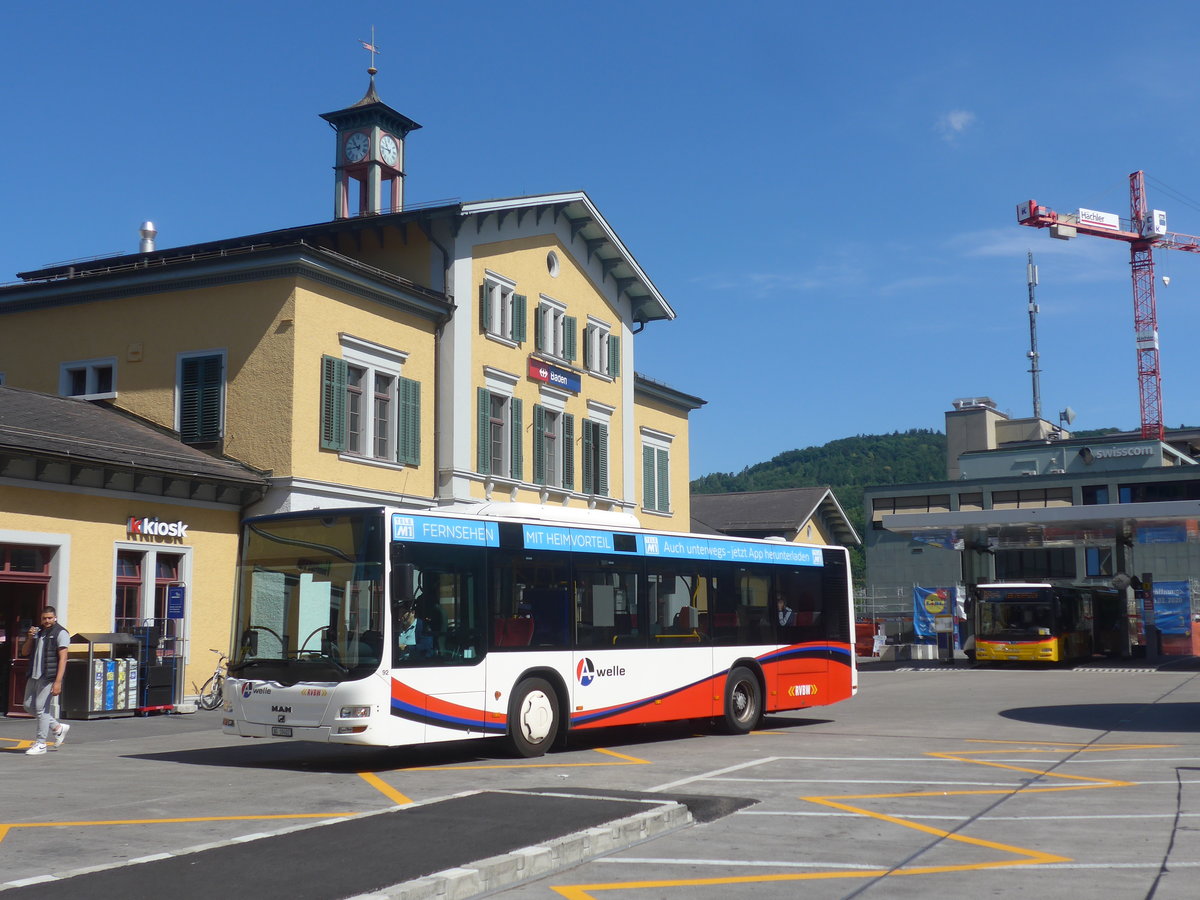 (217'374) - RVBW Wettingen - Nr. 92/AG 19'402 - MAN/Gppel am 30. Mai 2020 beim Bahnhof Baden