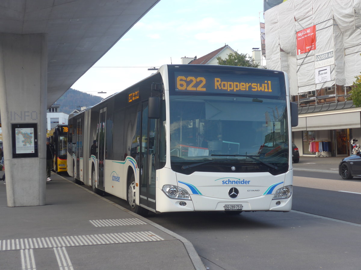 (222'468) - Schneider, Ermenswil - Nr. 3/SG 289'751 - Mercedes am 22. Oktober 2020 beim Bahnhof Wattwil