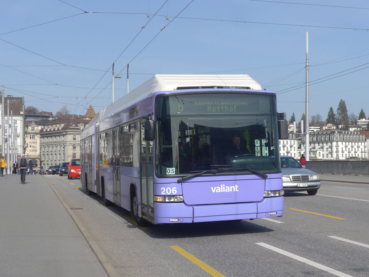 (223'796) - VBL Luzern - Nr. 206 - Hess/Hess Gelenktrolleybus am 26. Februar 2021 in Luzern, Bahnhofbrcke