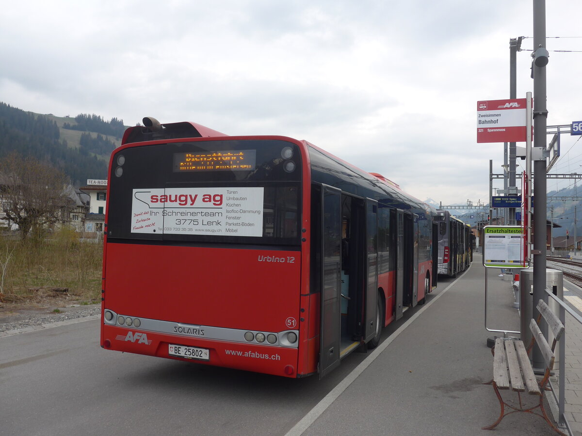 (225'285) - AFA Adelboden - Nr. 51/BE 25'802 - Solaris am 27. April 2021 beim Bahnhof Zweisimmen