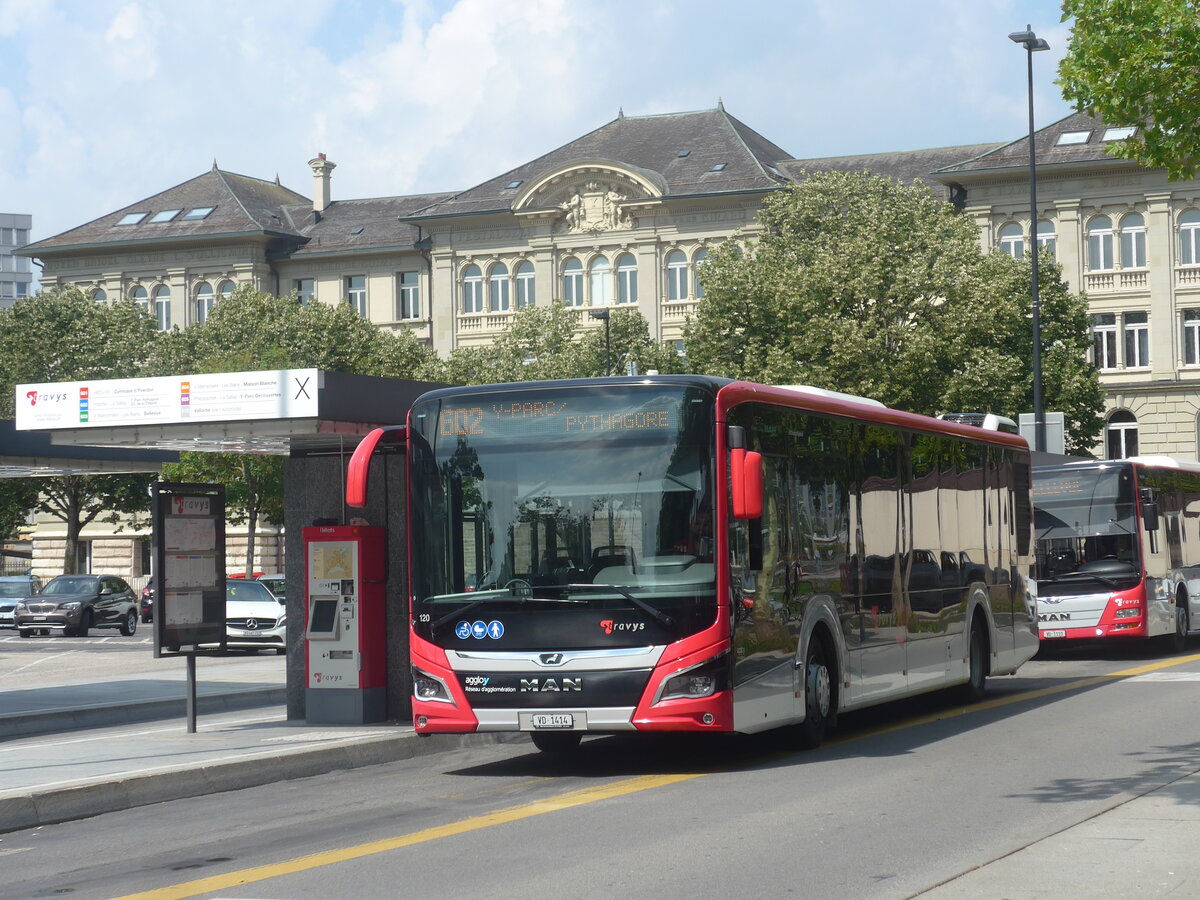 (227'312) - TRAVYS Yverdon - Nr. 120/VD 1414 - MAN am 15. August 2021 beim Bahnhof Yverdon