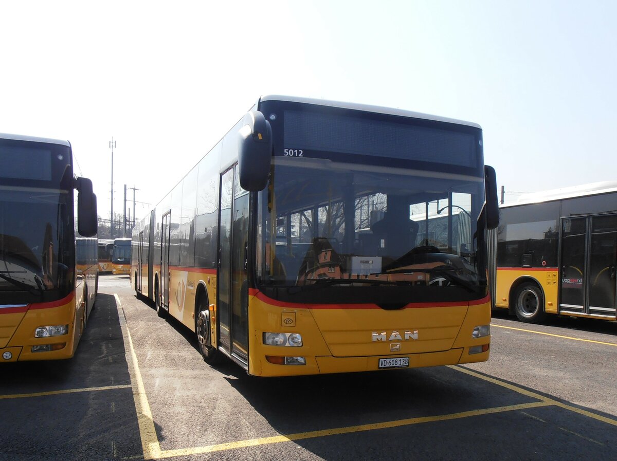 (234'022) - CarPostal Ouest - VD 608'138 - MAN (ex NE 165'376; ex VD 495'042) am 20. Mrz 2022 in Yverdon, Garage