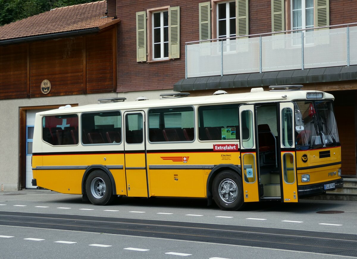 (238'783) - Aus Deutschland: Fischer, Weilheim - ES-GR 745H - FBW/Hess (ex Tiemann, CH-Oetwil Nr. 21; ex Roki, CH-Heimberg; ex P 23'421) am 1. August 2022 in Innertkirchen, Hotel Hof+Post