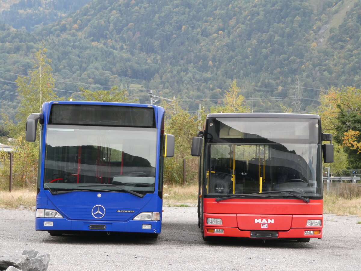 (240'650) - Lathion, Sion - Nr. 25 - Mercedes (ex VZO Grningen Nr. 14) + Nr. 19 - MAN/Gppel (ex AFA Adelboden Nr. 55) am 8. Oktober 2022 bei St-Maurice