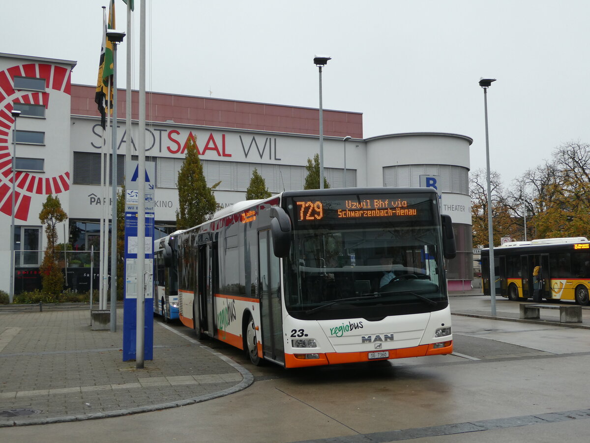 (242'584) - Regiobus, Gossau (VBH) - Nr. 23/SG 7360 - MAN am 13. November 2022 beim Bahnhof Wil