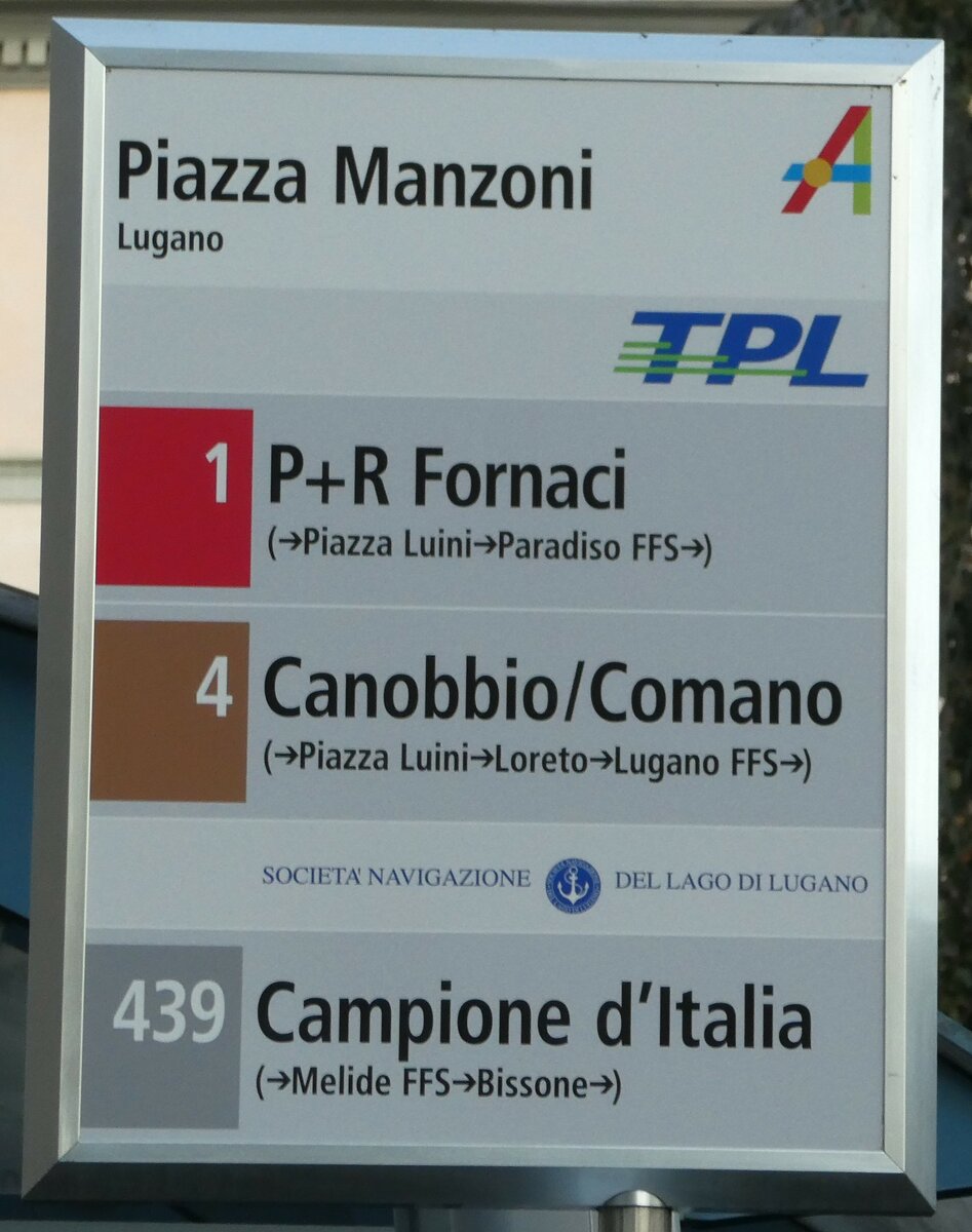 (242'840) - TPL/SOCIET NAVIGAZIONE DEL LAGO LUGANO-Haltestellenschild - Lugano, Piazza Manzoni - am 16. November 2022