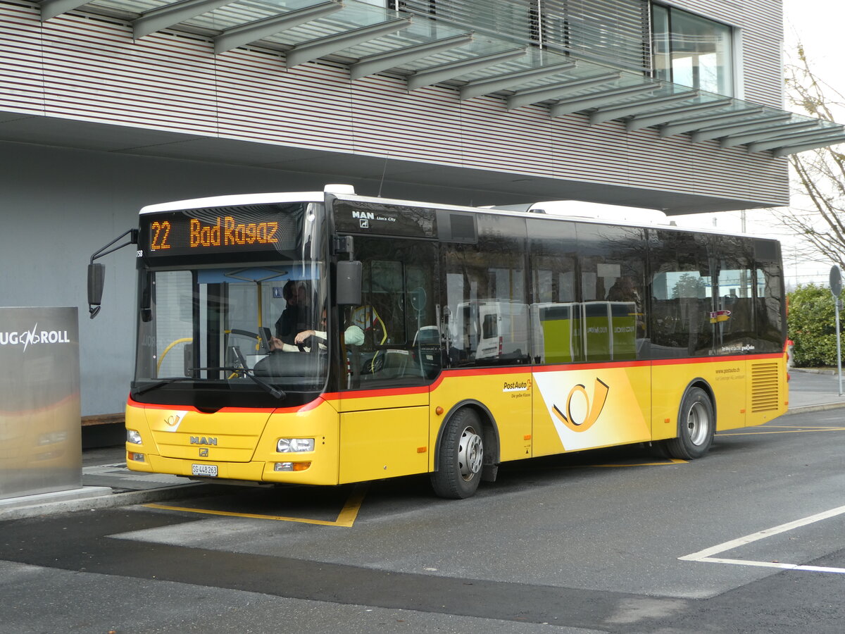 (245'854) - Gessinger, Bad Ragaz - SG 448'263/PID 4758 - MAN/Gppel (ex GR 102'390) am 6. Februar 2023 beim Bahnhof Landquart