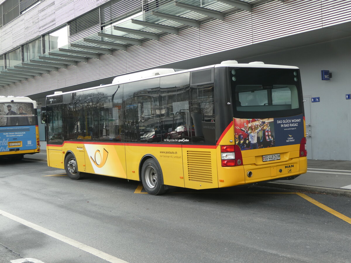 (245'855) - Gessinger, Bad Ragaz - SG 448'263/PID 4758 - MAN/Gppel (ex GR 102'390) am 6. Februar 2023 beim Bahnhof Landquart