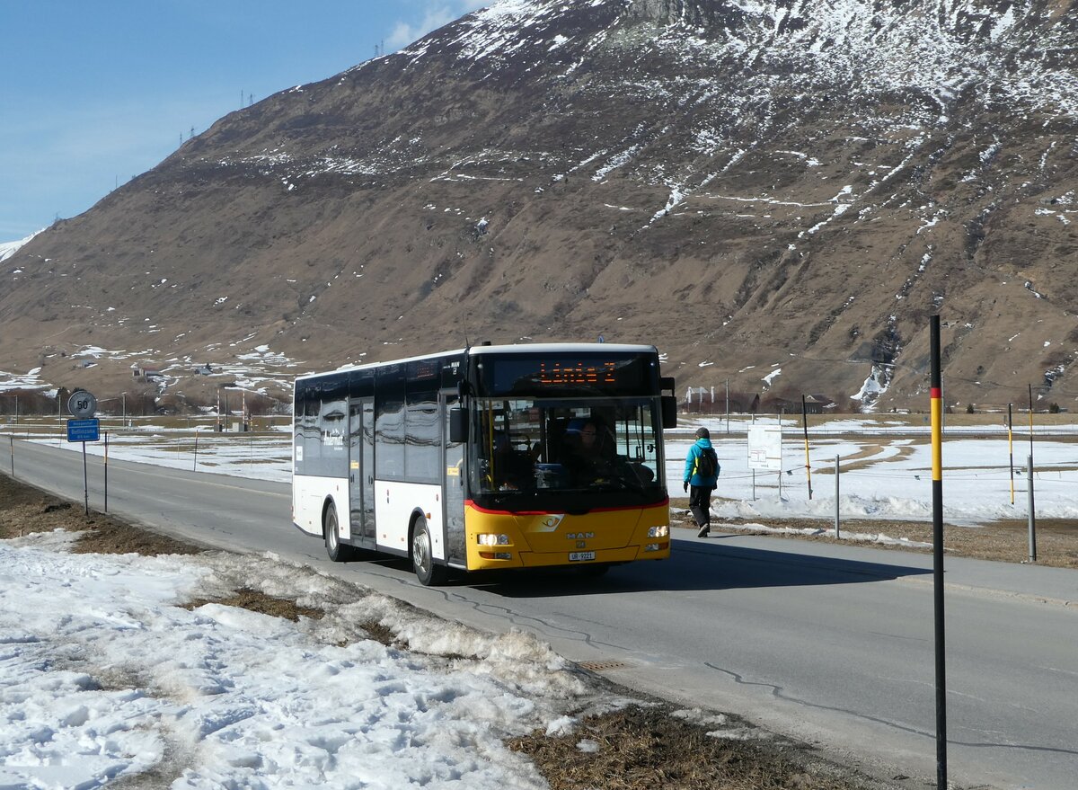 (246'938) - Mattli, Wassen - UR 9221/PID 4703 - MAN/Göppel (ex Lengacher, Wichtrach Nr. 6) am 7. März 2023 in Andermatt, Gemsstockbahn