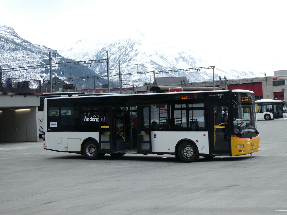 (246'948) - Mattli, Wassen - UR 9221/PID 4703 - MAN/Göppel (ex Lengacher, Wichtrach Nr. 6) am 7. März 2023 in Andermatt, Bahnhofplatz