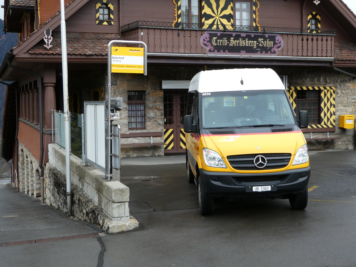 (247'077) - TSB Seelisberg - UR 1303/PID 4836 - Mercedes (ex Schnider, Schüpfheim) am 10. März 2023 beim Bahnhof Seelisberg