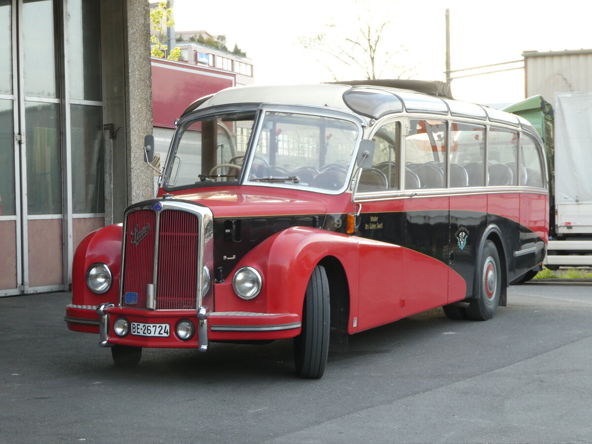 (249'563) - Gafner, Gwatt - Nr. 9/BE 26'724 - Saurer/R&J (ex ASKA Aeschi Nr. 9) am 4. Mai 2023 in Gwatt, Garage