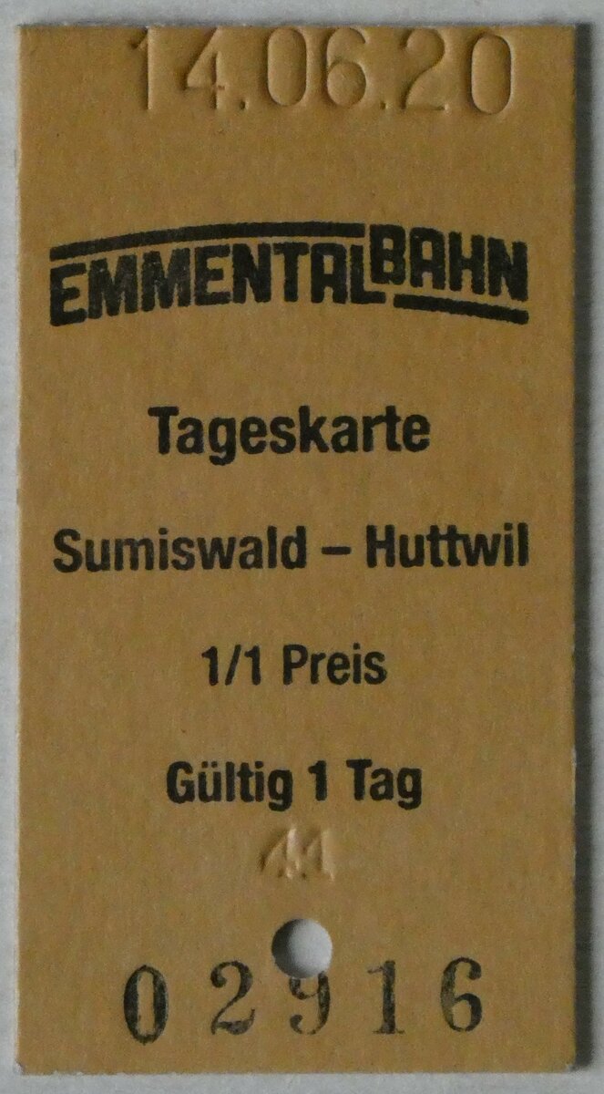 (250'300) - Emmentalbahn-Tageskarte (mit Oldtimer-Postauto) vom 14. Juni 2020 am 21. Mai 2023 in Thun