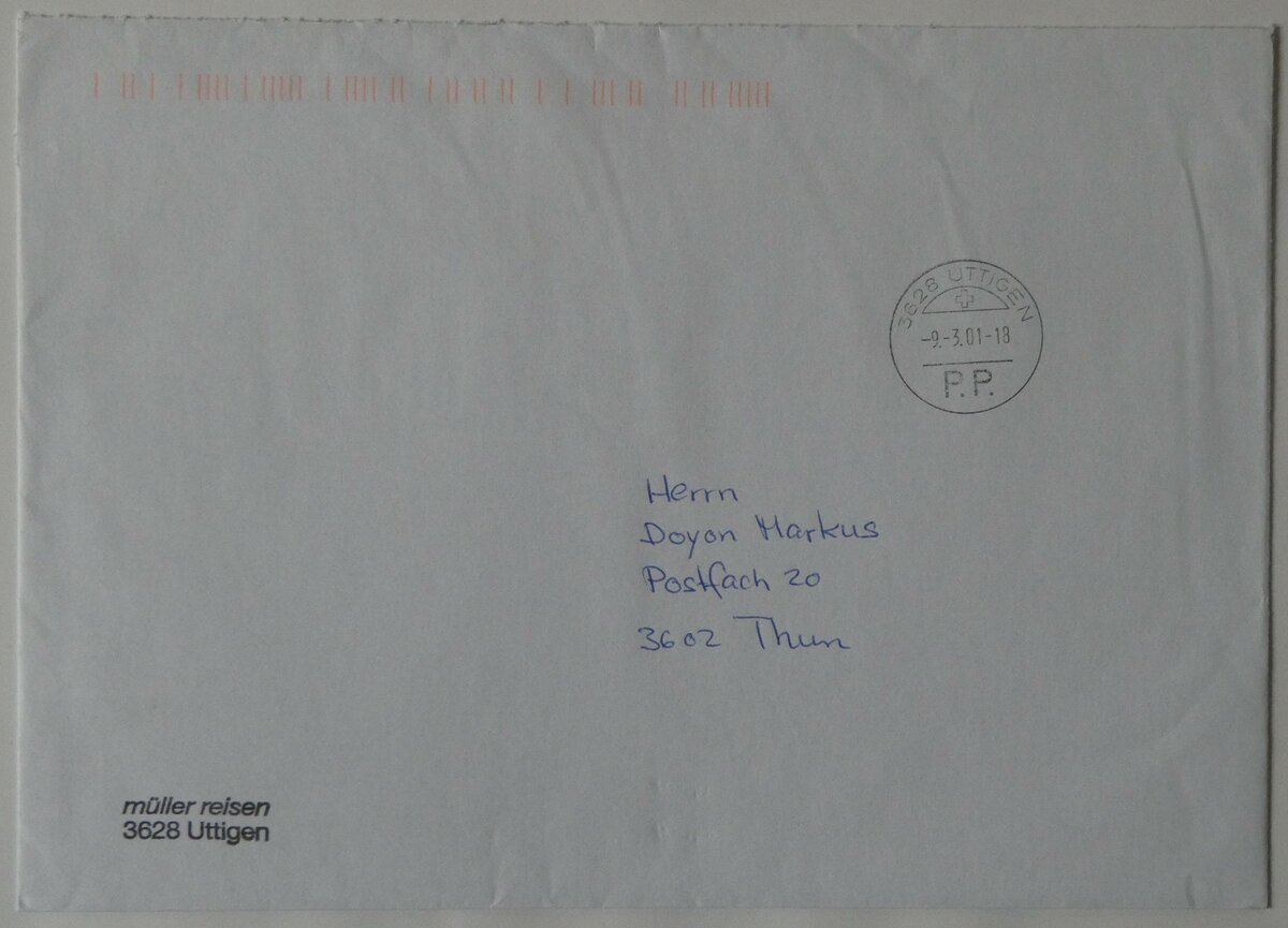 (250'308) - Mller-Briefumschlag vom 9. Mrz 2001 am 21. Mai 2023 in Thun