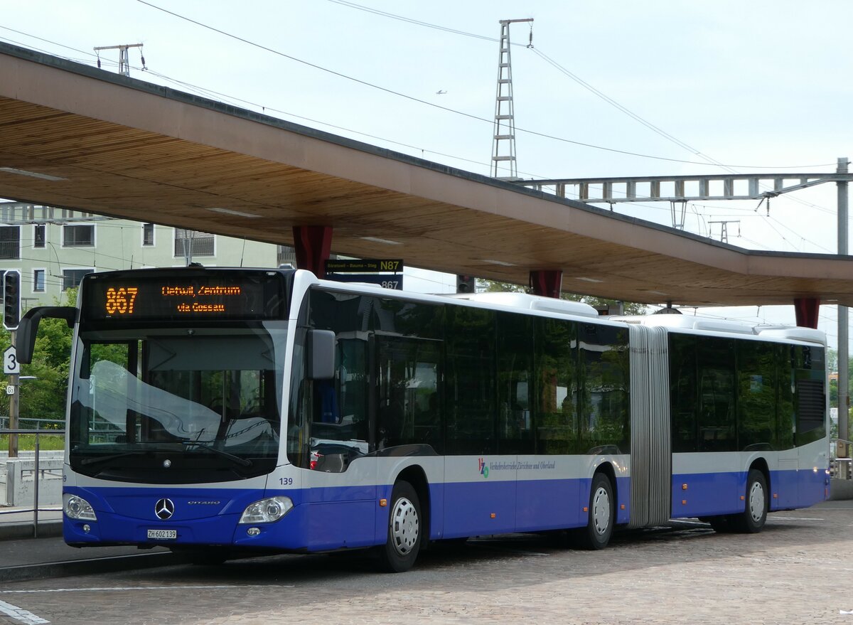 (250'364) - VZO Grningen - Nr. 139/ZH 602'139 - Mercedes am 21. Mai 2023 beim Bahnhof Wetzikon