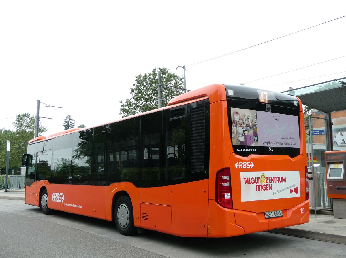 (251'860) - RBS Worblaufen - Nr. 15/BE 246'015 - Mercedes am 22. Juni 2023 beim Bahnhof Bolligen