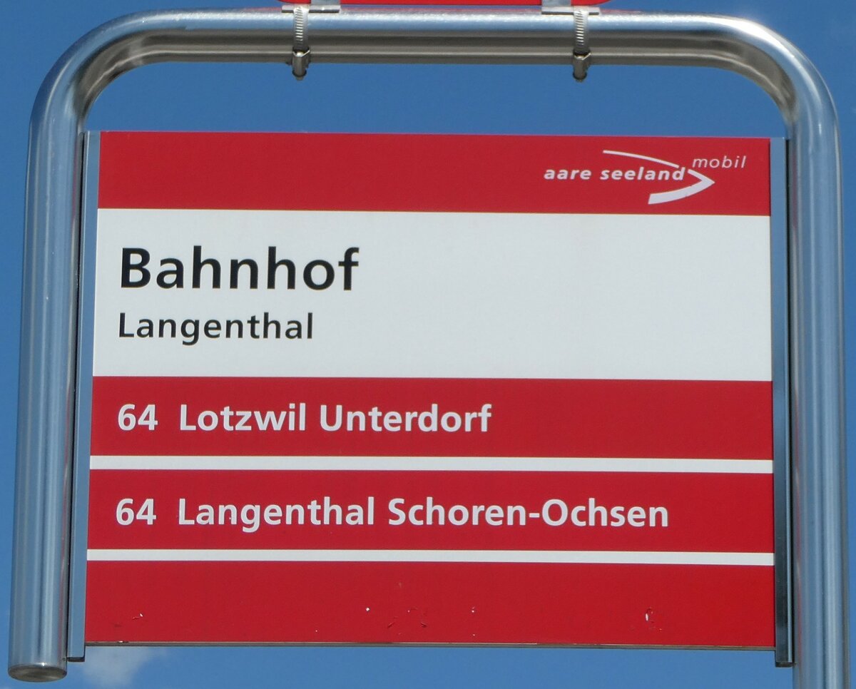 (252'831) - aare seeland mobil-Haltestellenschild - Langenthal, Bahnhof - am 20. Juli 2023