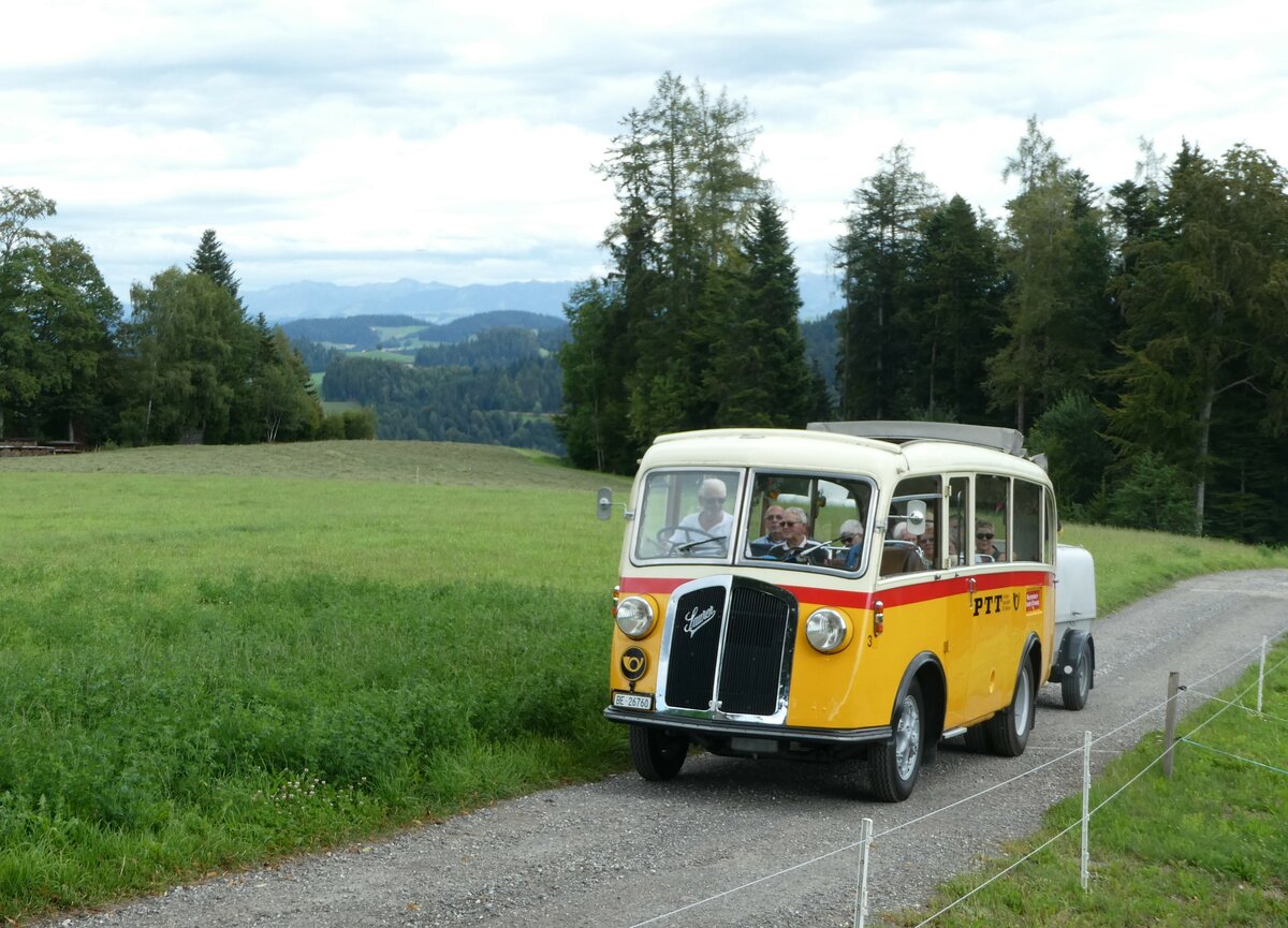 (253'571) - Schmid, Thrishaus - Nr. 3/BE 26'760 - Saurer/Gangloff (ex Geiger, Adelboden Nr. 3) am 9. August 2023 in Bigenthal, Hellweid